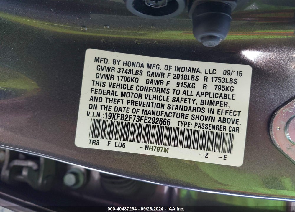 2015 HONDA CIVIC SE VIN: 19XFB2F73FE292666