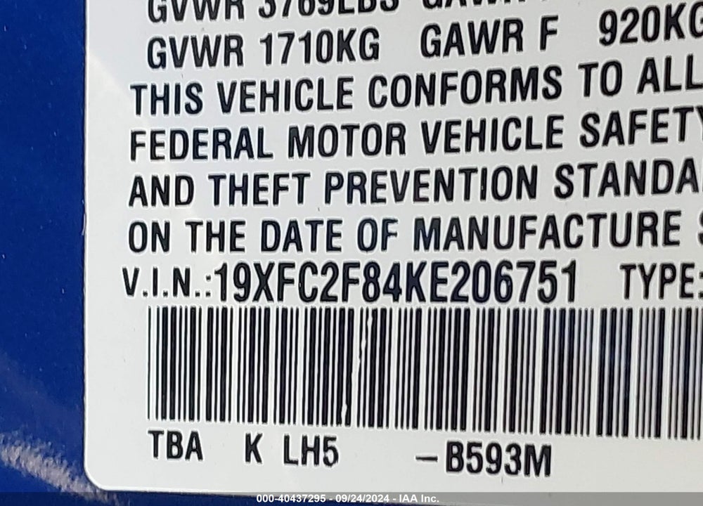 2019 HONDA CIVIC SPORT VIN: 19XFC2F84KE206751