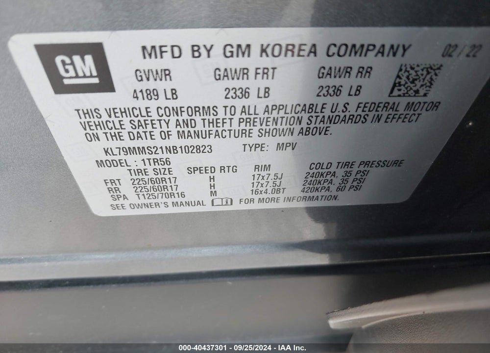 2022 CHEVROLET TRAILBLAZER FWD LS VIN: KL79MMS21NB102823