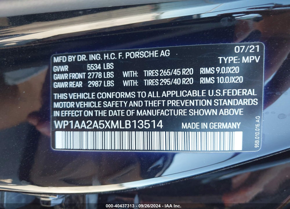 2021 PORSCHE MACAN VIN: WP1AA2A5XMLB13514