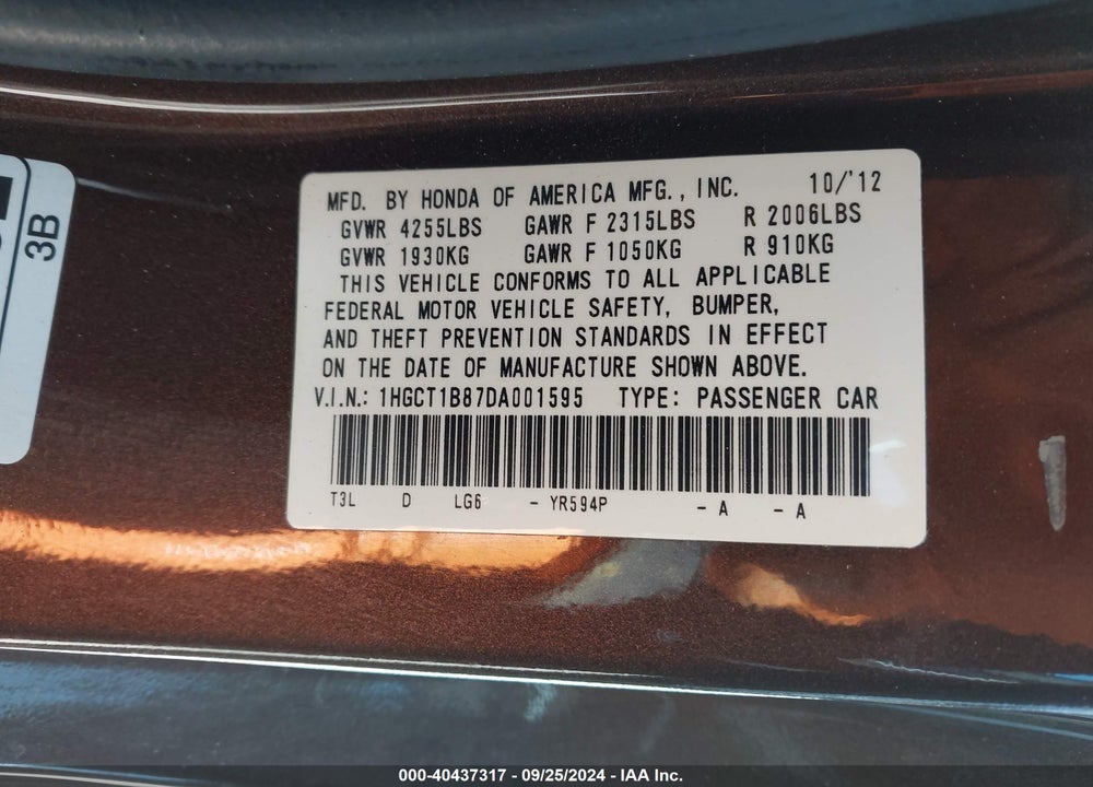 2013 HONDA ACCORD EX-L VIN: 1HGCT1B87DA001595