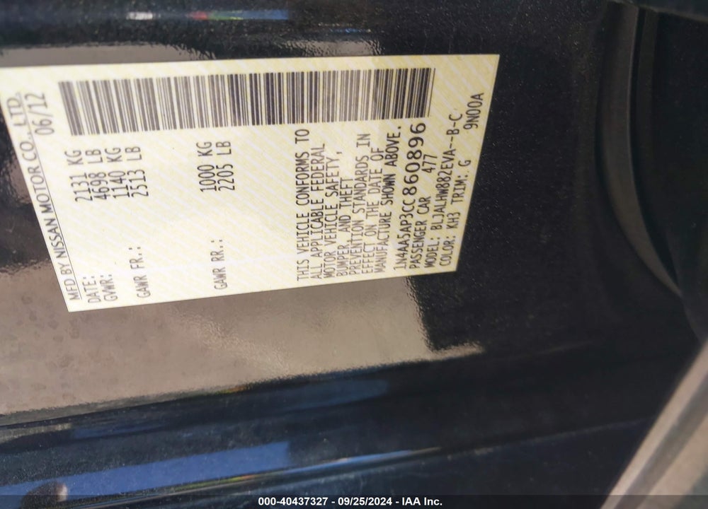 2012 NISSAN MAXIMA 3.5 SV VIN: 1N4AA5AP3CC860896
