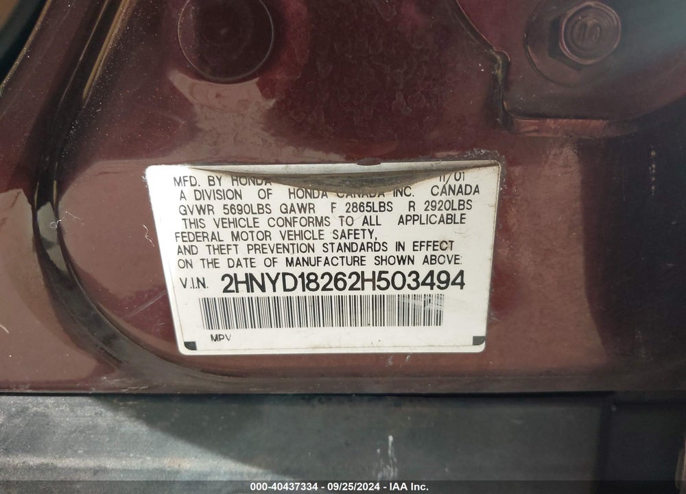 2002 ACURA MDX VIN: 2HNYD18262H503494