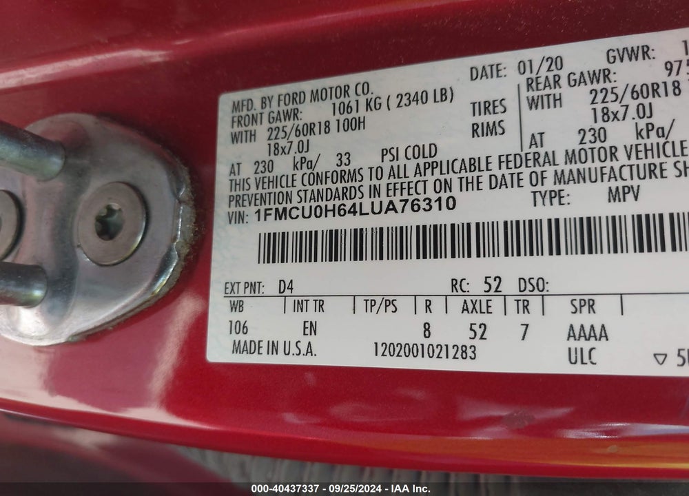 2020 FORD ESCAPE SEL VIN: 1FMCU0H64LUA76310