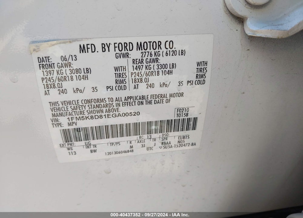 2014 FORD EXPLORER XLT VIN: 1FM5K8D81EGA00520
