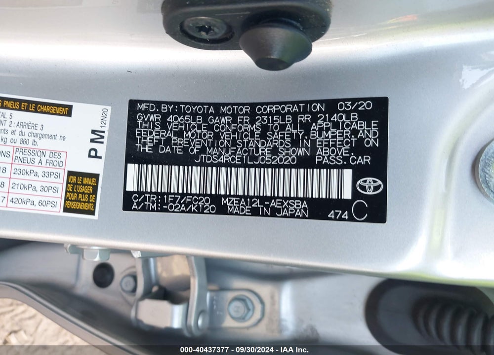 2020 TOYOTA COROLLA VIN: JTDS4RCE1LJ052020