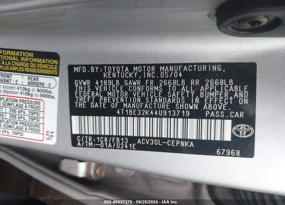 2004 TOYOTA CAMRY LE VIN: 4T1BE32K44U913719