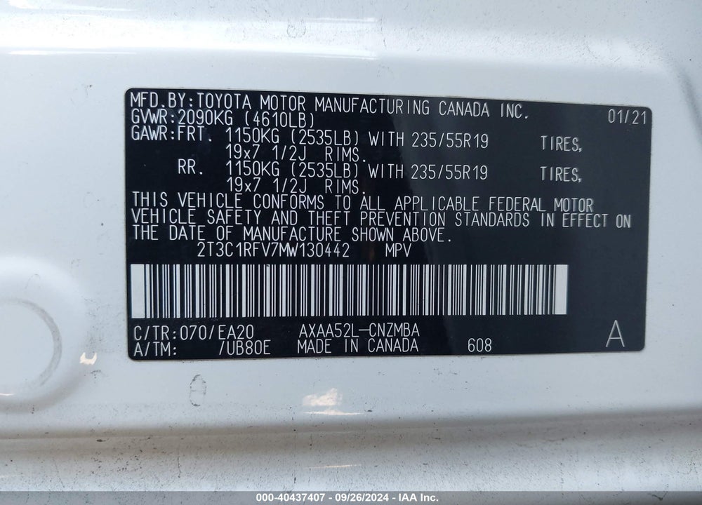 2021 TOYOTA RAV4 XLE PREMIUM VIN: 2T3C1RFV7MW130442