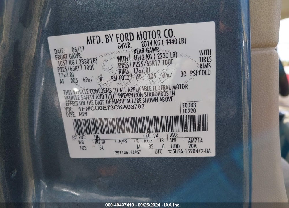 2012 FORD ESCAPE LIMITED VIN: 1FMCU0E73CKA03793