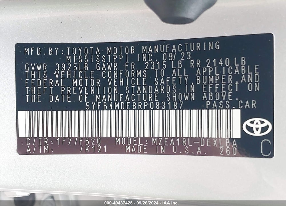 2024 TOYOTA COROLLA LE VIN: 5YFB4MDE8RP083187