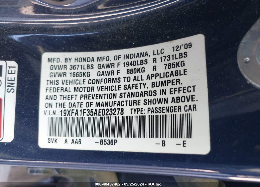 2010 HONDA CIVIC VP VIN: 19XFA1F35AE023278
