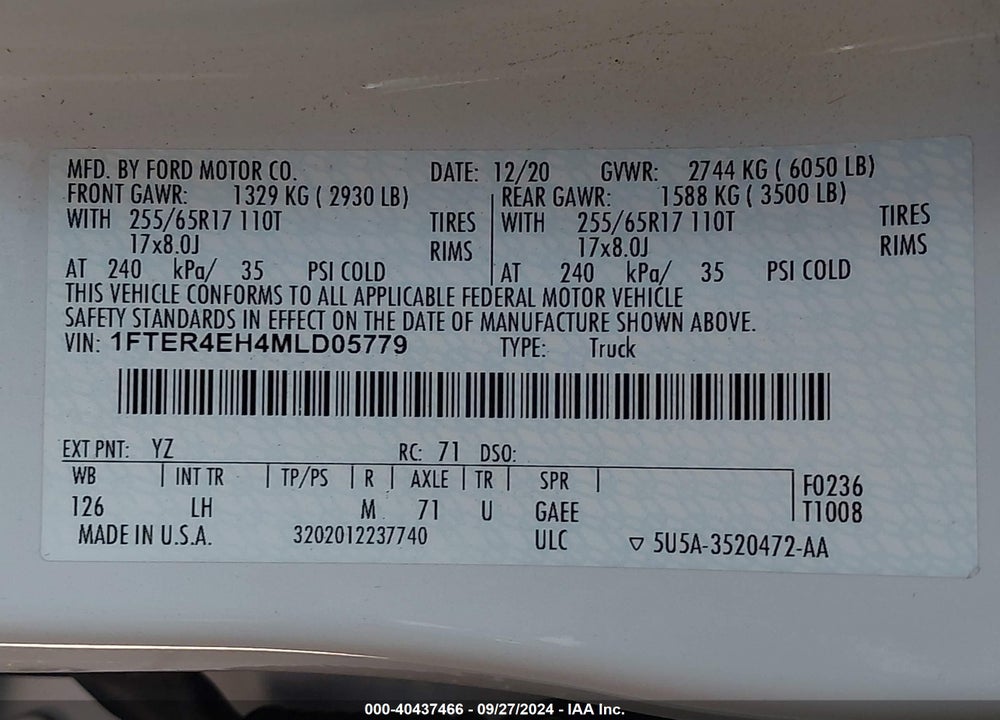 2021 FORD RANGER XLT VIN: 1FTER4EH4MLD05779