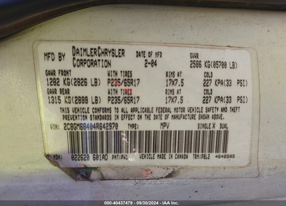 2004 CHRYSLER PACIFICA VIN: 2C8GM68404R642970