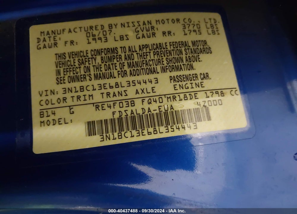 2008 NISSAN VERSA 1.8S VIN: 3N1BC13E68L354443