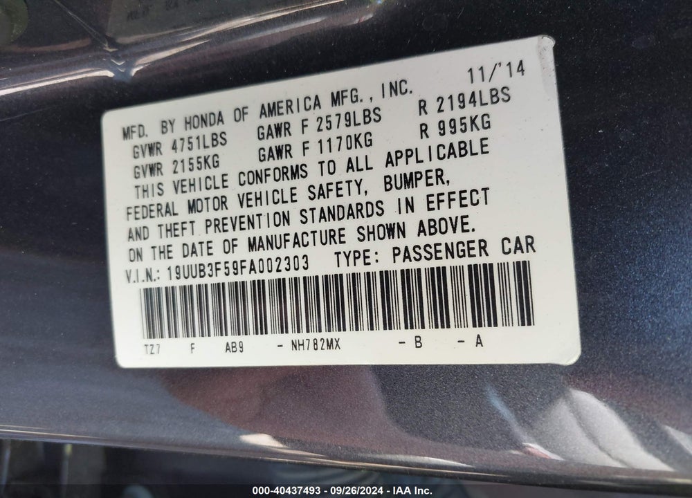 2015 ACURA TLX V6 TECH VIN: 19UUB3F59FA002303