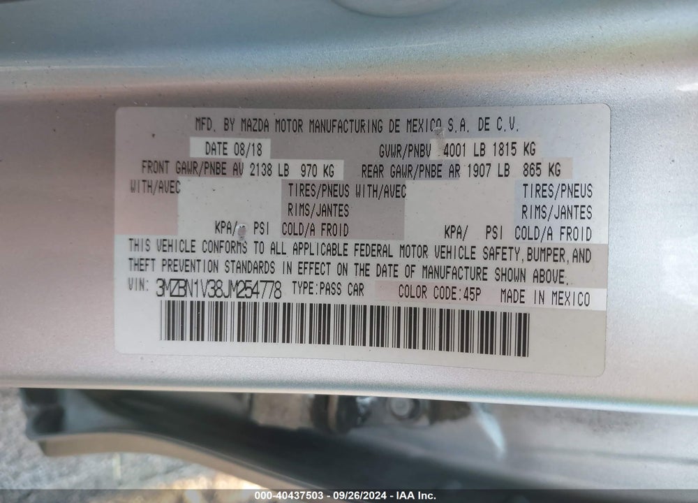 2018 MAZDA 3 TOURING VIN: 3MZBN1V38JM254778