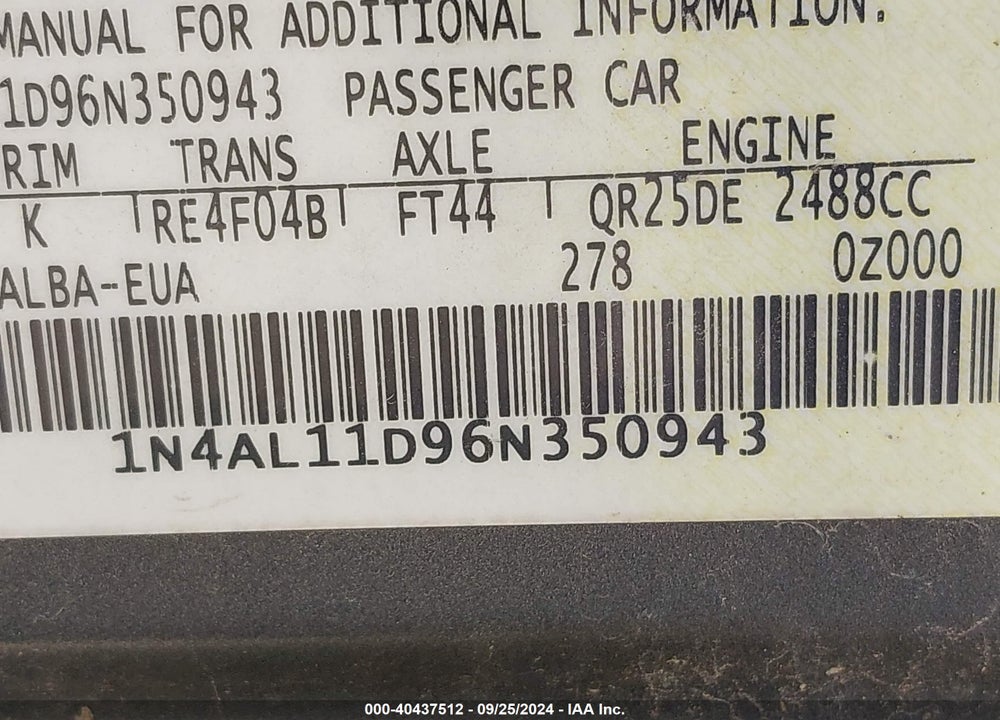 2006 NISSAN ALTIMA 2.5 S VIN: 1N4AL11D96N350943