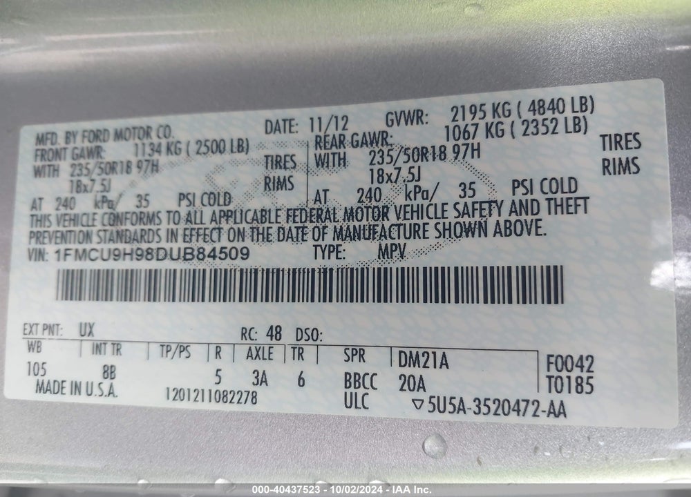 2013 FORD ESCAPE SEL VIN: 1FMCU9H98DUB84509