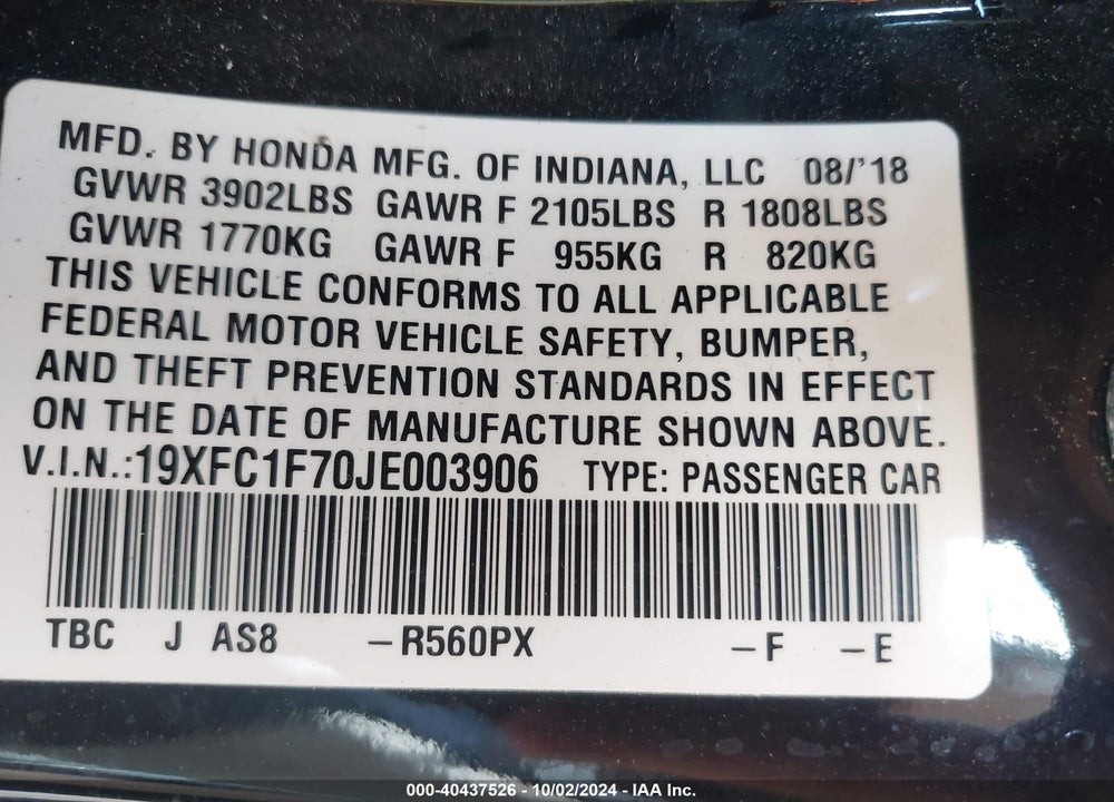 2018 HONDA CIVIC EX-L VIN: 19XFC1F70JE003906