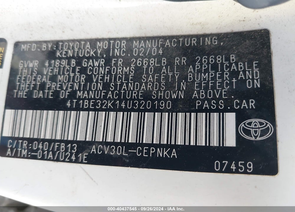 2004 TOYOTA CAMRY LE VIN: 4T1BE32K14U320190