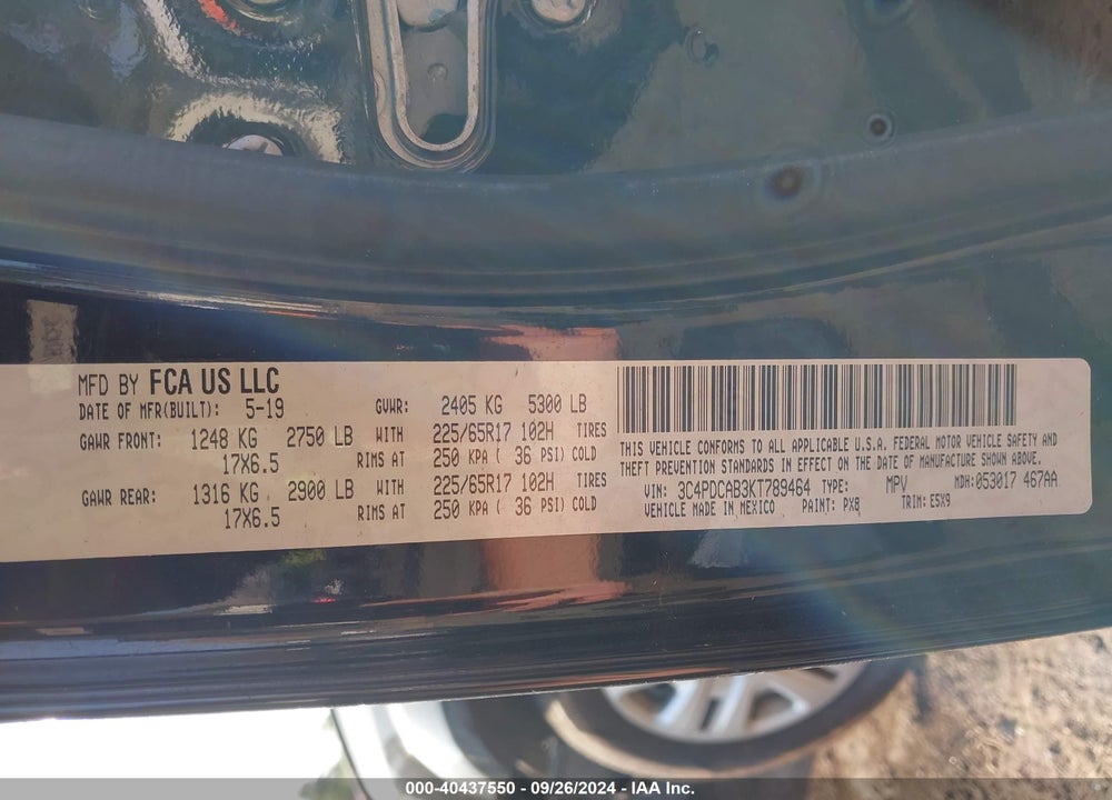 2019 DODGE JOURNEY SE VALUE PACKAGE VIN: 3C4PDCAB3KT789464