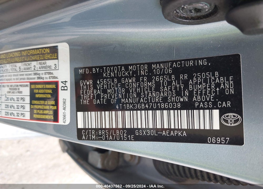 2007 TOYOTA AVALON LIMITED VIN: 4T1BK36B47U186038