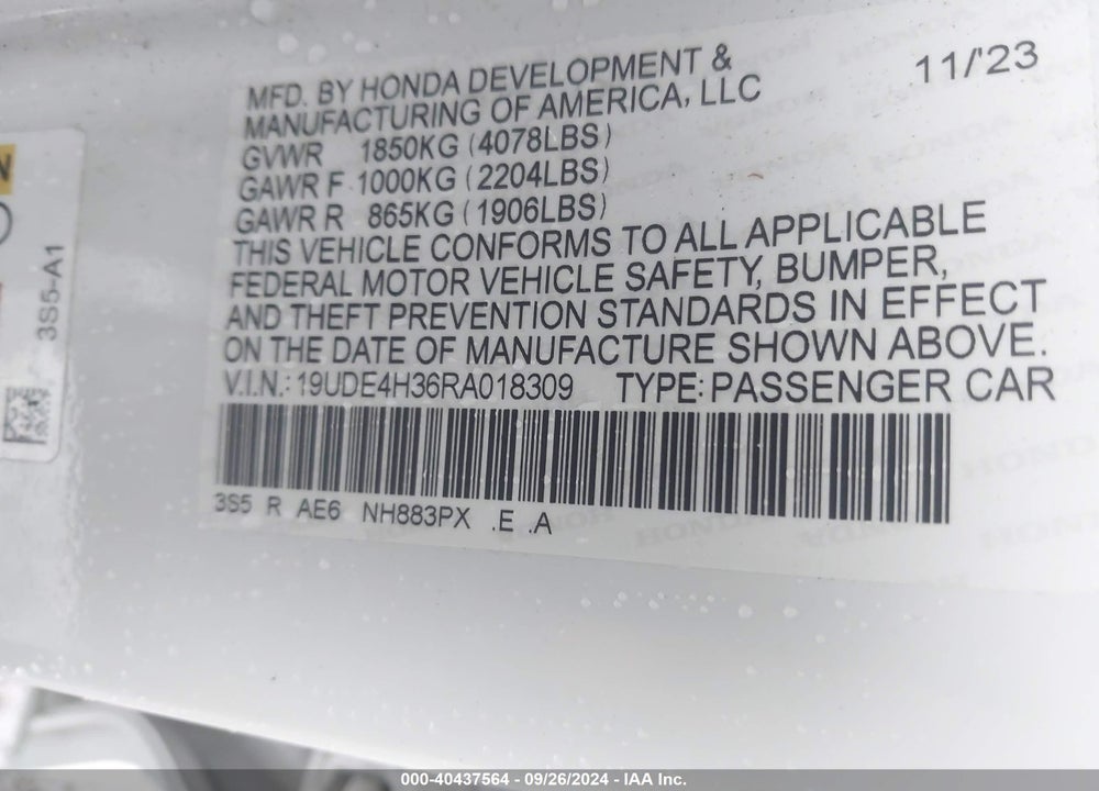 2024 ACURA INTEGRA A-SPEC VIN: 19UDE4H36RA018309