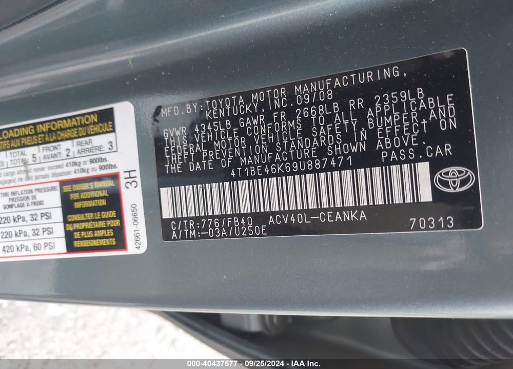 2009 TOYOTA CAMRY LE VIN: 4T1BE46K69U887471