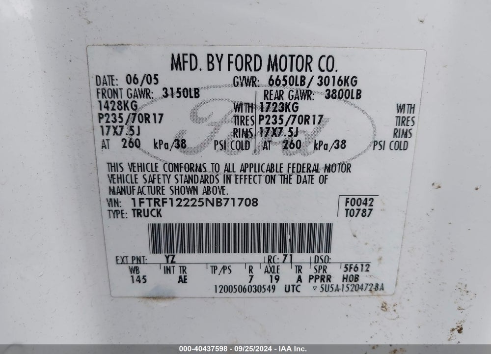 2005 FORD F-150 STX/XL/XLT VIN: 1FTRF12225NB71708