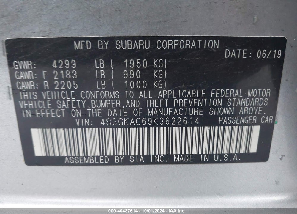 2019 SUBARU IMPREZA 2.0I PREMIUM VIN: 4S3GKAC69K3622614