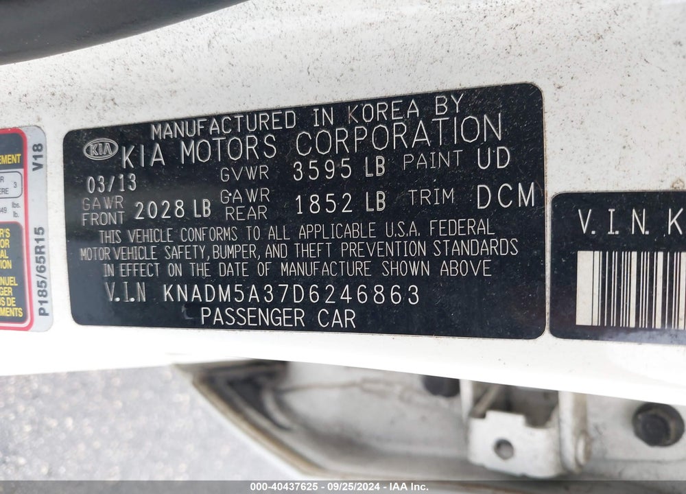 2013 KIA RIO LX VIN: KNADM5A37D6246863