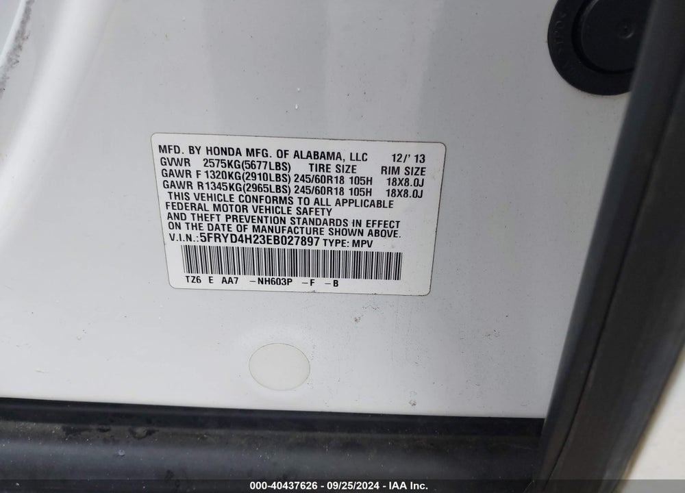 2014 ACURA MDX VIN: 5FRYD4H23EB027897
