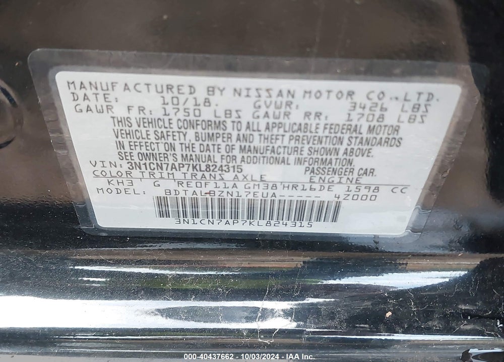 2019 NISSAN VERSA 1.6 SV VIN: 3N1CN7AP7KL824315