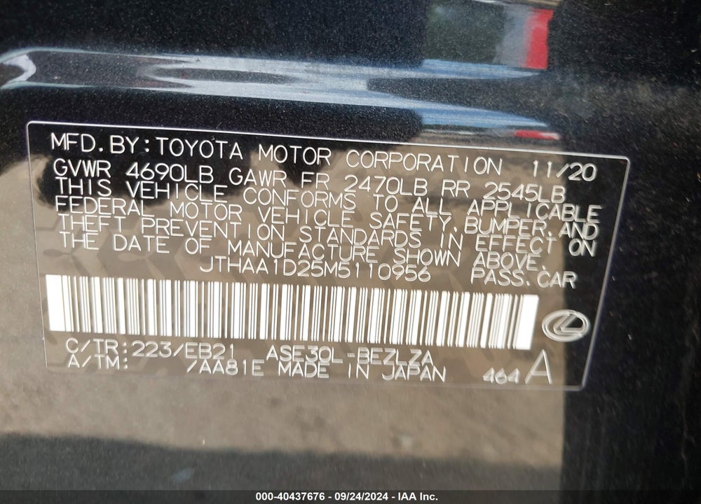 2021 LEXUS IS 300 VIN: JTHAA1D25M5110956