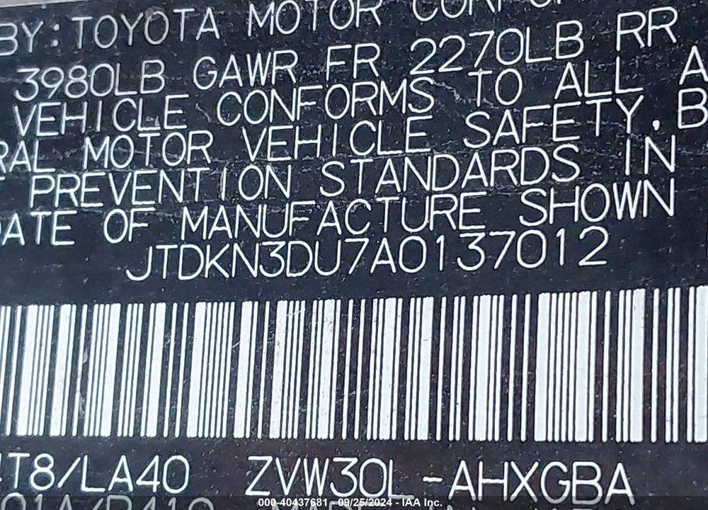 2010 TOYOTA PRIUS IV VIN: JTDKN3DU7A0137012