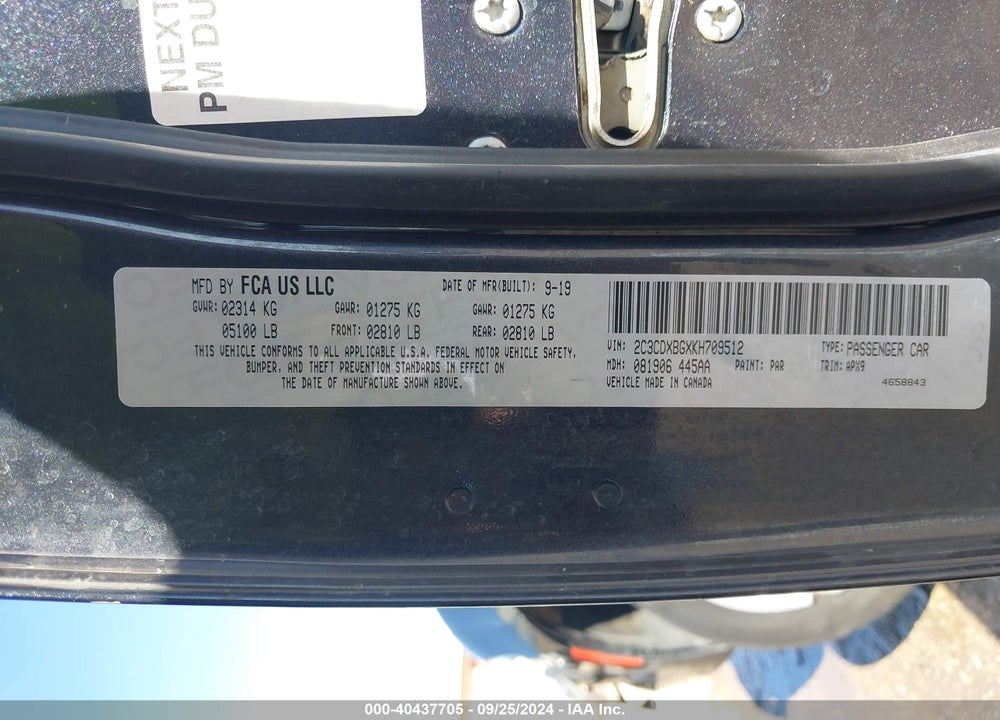 2019 DODGE CHARGER SXT RWD VIN: 2C3CDXBGXKH709512