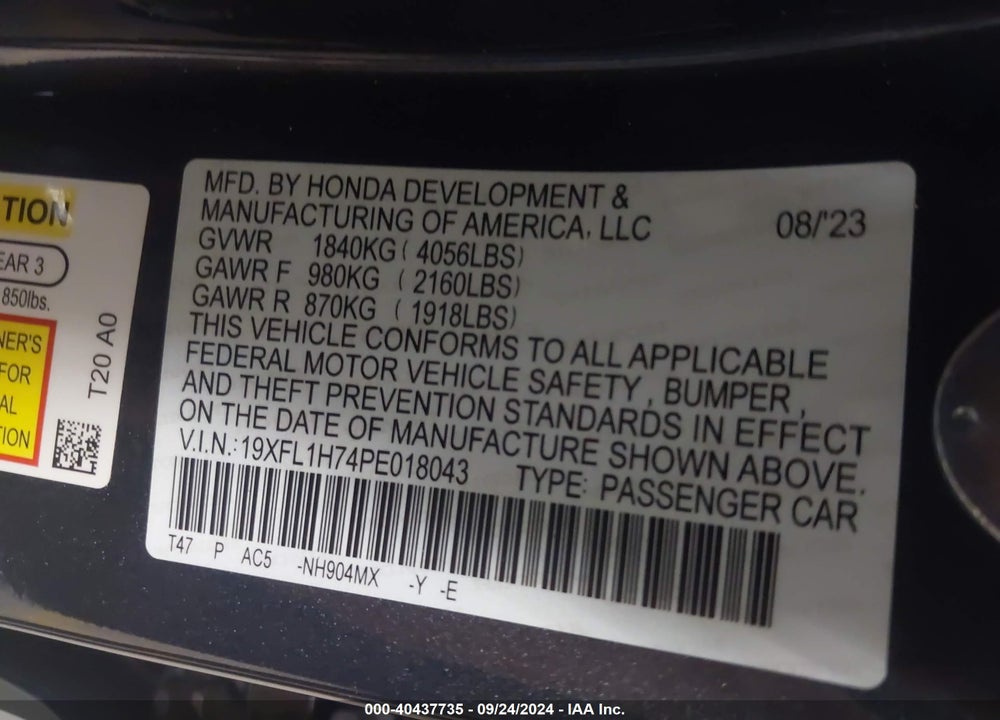2023 HONDA CIVIC EX-L /EX-L W/O BSI VIN: 19XFL1H74PE018043