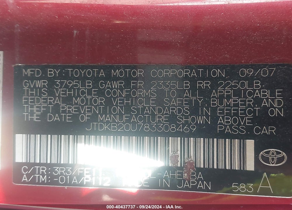 2008 TOYOTA PRIUS VIN: JTDKB20U783308469