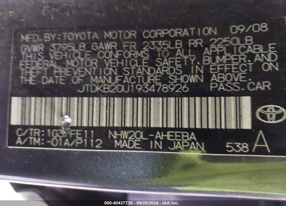 2009 TOYOTA PRIUS VIN: JTDKB20U193478926