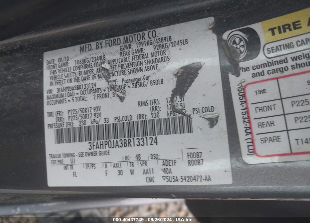 2011 FORD FUSION SEL VIN: 3FAHP0JA3BR133124