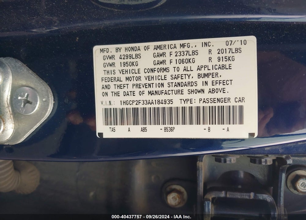 2010 HONDA ACCORD 2.4 LX VIN: 1HGCP2F33AA184935