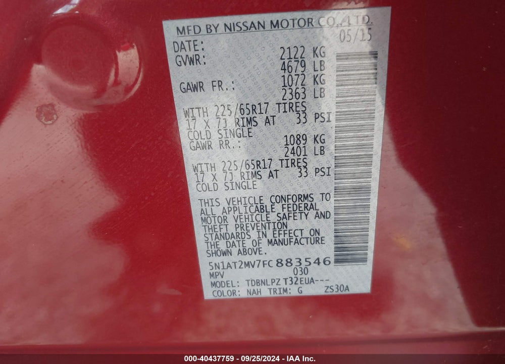 2015 NISSAN ROGUE S/SL/SV VIN: 5N1AT2MV7FC883546