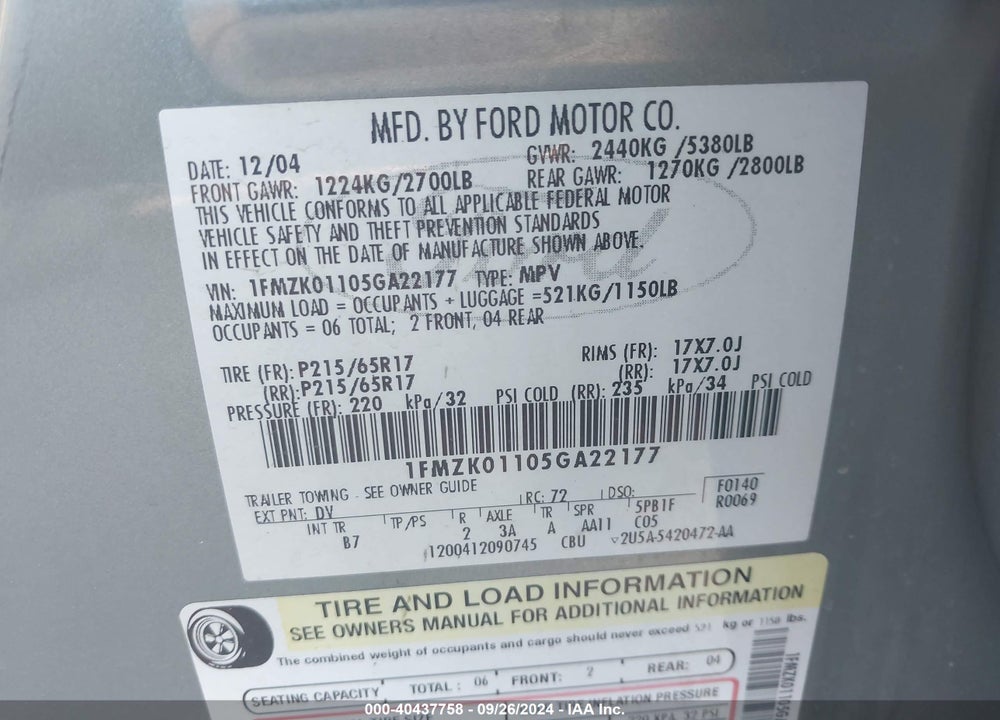 2005 FORD FREESTYLE SE VIN: 1FMZK01105GA22177