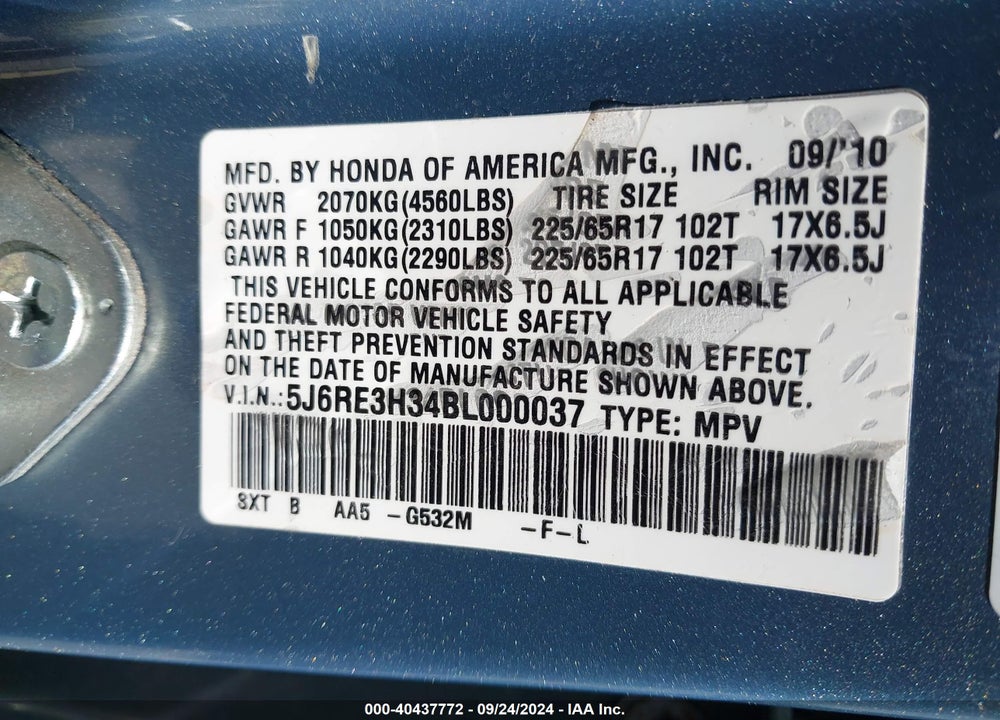 2011 HONDA CR-V LX VIN: 5J6RE3H34BL000037