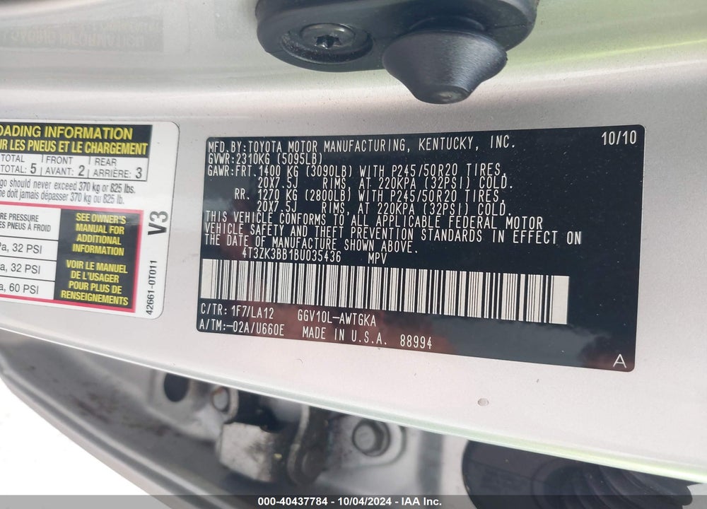 2011 TOYOTA VENZA BASE V6 VIN: 4T3ZK3BB1BU035436