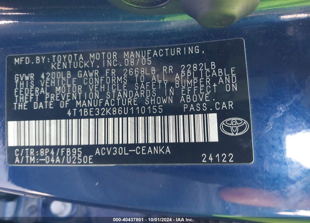 2006 TOYOTA CAMRY LE VIN: 4T1BE32K86U110155