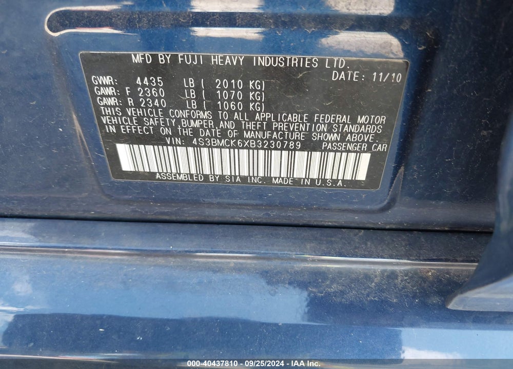 2011 SUBARU LEGACY VIN: 4S3BMCK6XB3230789