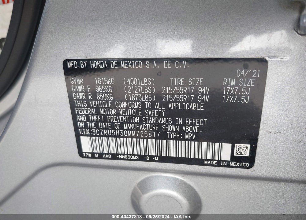 2021 HONDA HR-V 2WD LX VIN: 3CZRU5H30MM726817