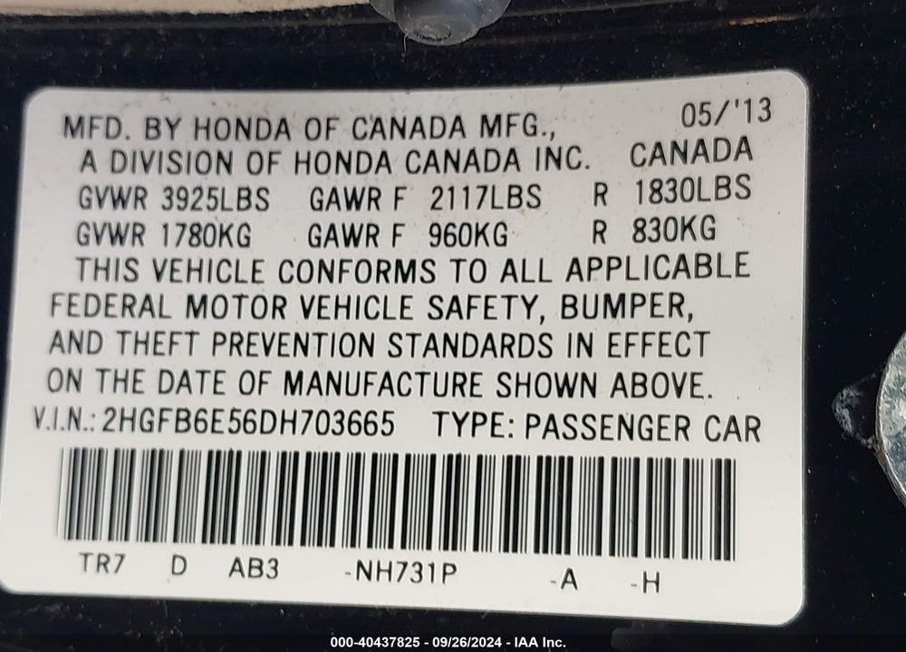 2013 HONDA CIVIC SI VIN: 2HGFB6E56DH703665