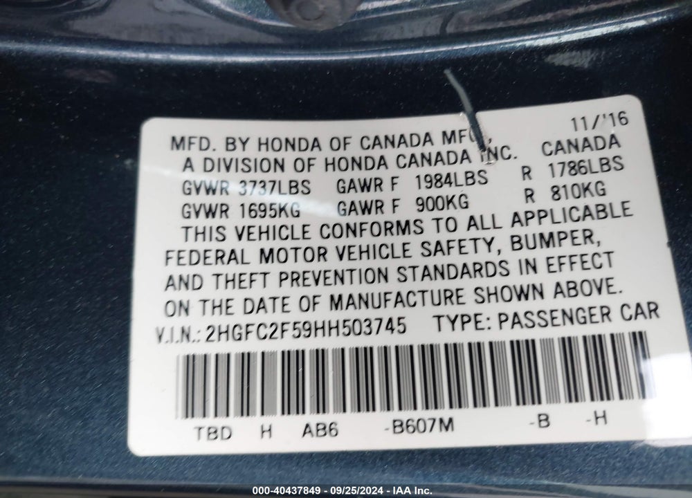 2017 HONDA CIVIC LX VIN: 2HGFC2F59HH503745